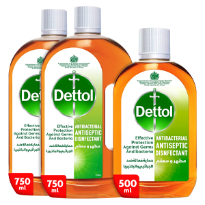 Dettol Antiseptic Antibacterial Disinfectant Liquid for effective Germ Protection & Personal Hygiene, Can be used for Surface cleaning, bathing and laundry, 750ml, Pack of 2 + 500ml
