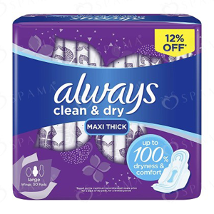 Always Clean & Dry Maxi Thick, Large sanitary pads with wings, 30 Count